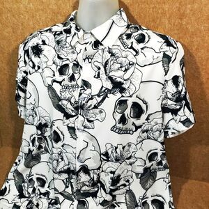 Vacation Black White Skull Short Sleeve Button Down Shirt Mens Large #1